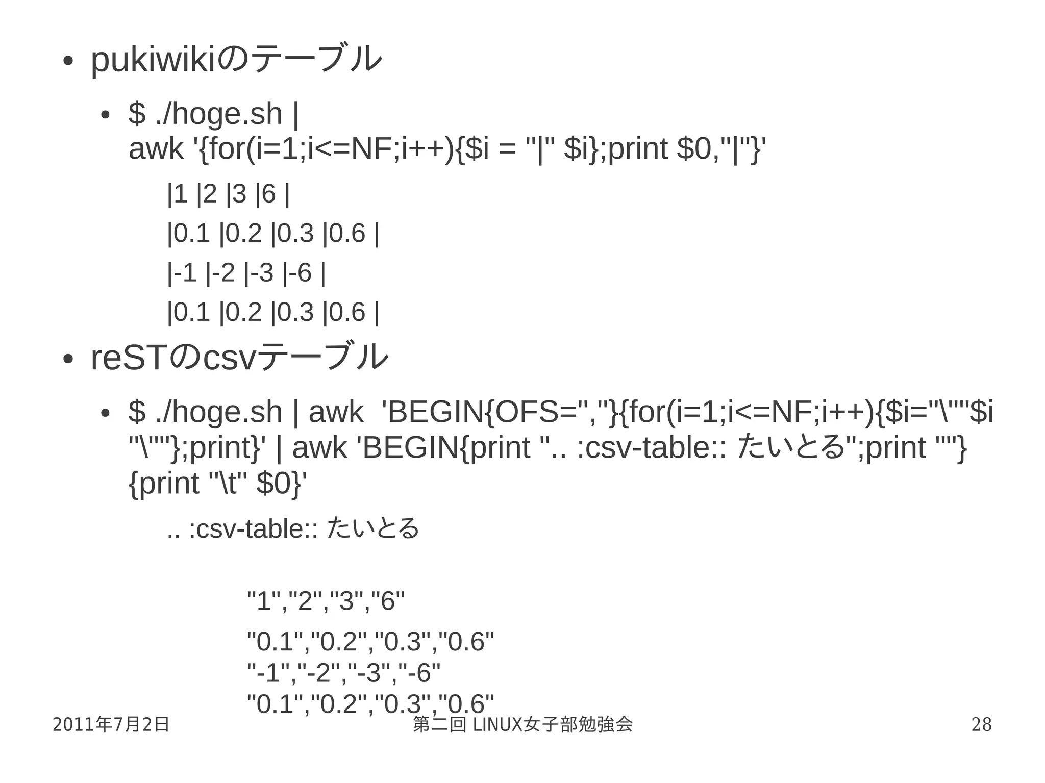 ●   pukiwikiのテーブル
    ●   $ ./hoge.sh |
        awk '{for(i=1;i<=NF;i++){$i = "|" $i};print $0,"|"}'
           |1 |2 |3 |6 |
           |0.1 |0.2 |0.3 |0.6 |
           |-1 |-2 |-3 |-6 |
           |0.1 |0.2 |0.3 |0.6 |
●   reSTのcsvテーブル
    ●   $ ./hoge.sh | awk 'BEGIN{OFS=","}{for(i=1;i<=NF;i++){$i="""$i
        """};print}' | awk 'BEGIN{print ".. :csv-table:: たいとる";print ""}
        {print "t" $0}'
           .. :csv-table:: たいとる
           　　　
           　　　"1","2","3","6"
           　　　"0.1","0.2","0.3","0.6"
           　　　"-1","-2","-3","-6"
           　　　"0.1","0.2","0.3","0.6"
2011年7月2日                          第二回 LINUX女子部勉強会                     28
 