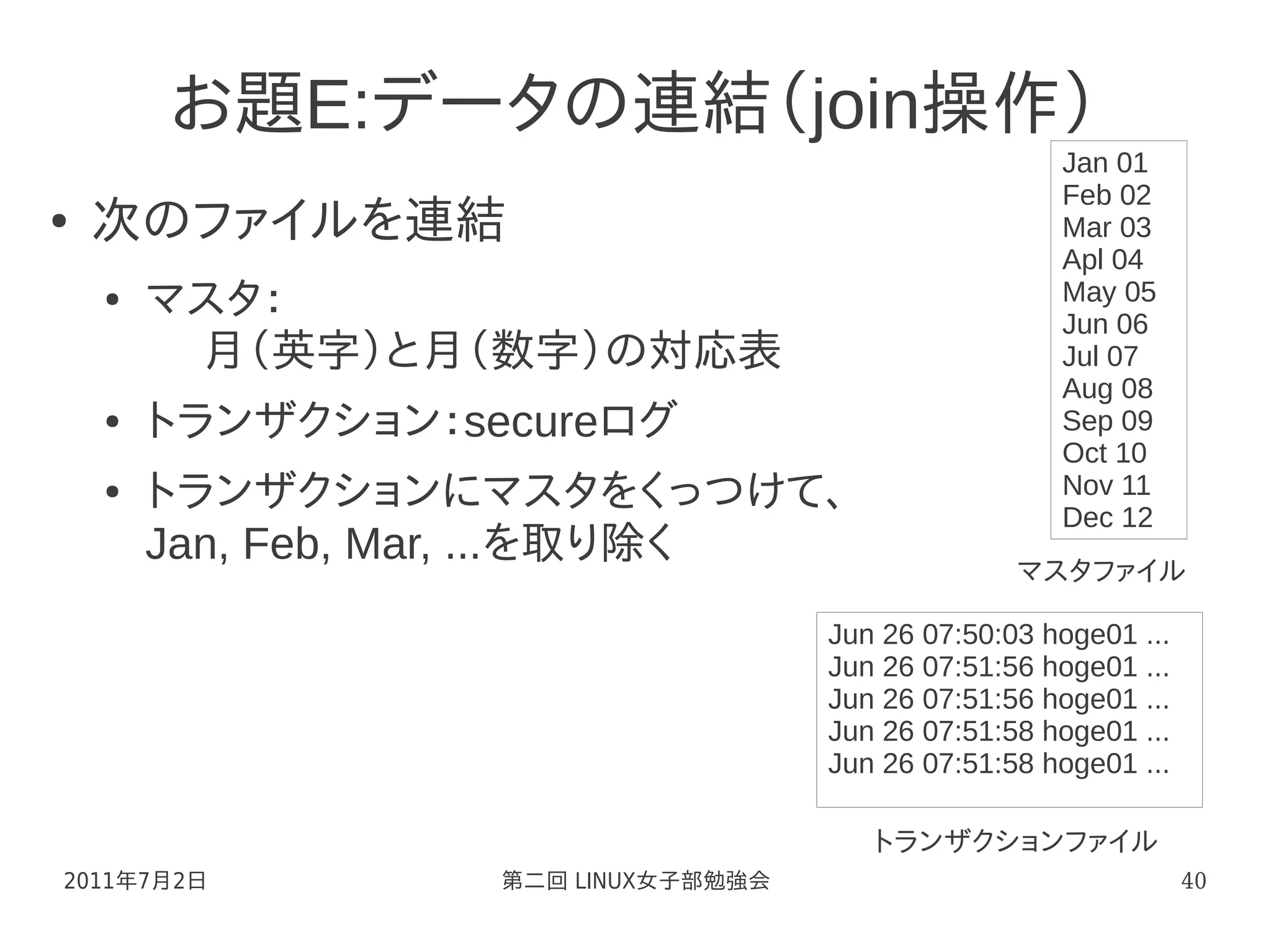 お題E:データの連結（join操作）
                                                      Jan 01
                                                      Feb 02
●   次のファイルを連結                                         Mar 03
                                                      Apl 04
    ●   マスタ：                                          May 05
                                                      Jun 06
         月（英字）と月（数字）の対応表                              Jul 07
                                                      Aug 08
    ●   トランザクション：secureログ                             Sep 09
                                                      Oct 10
    ●   トランザクションにマスタをくっつけて、                           Nov 11
                                                      Dec 12
        Jan, Feb, Mar, ...を取り除く                    マスタファイル

                                     Jun 26 07:50:03 hoge01 ...
                                     Jun 26 07:51:56 hoge01 ...
                                     Jun 26 07:51:56 hoge01 ...
                                     Jun 26 07:51:58 hoge01 ...
                                     Jun 26 07:51:58 hoge01 ...

                                        トランザクションファイル
2011年7月2日          第二回 LINUX女子部勉強会                                40
 