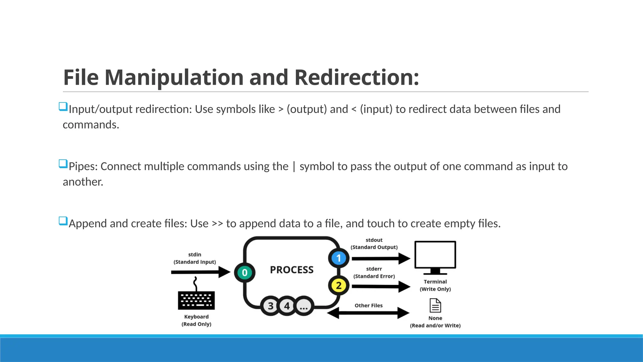 File Manipulation and Redirection:
Input/output redirection: Use symbols like > (output) and < (input) to redirect data between files and
commands.
Pipes: Connect multiple commands using the | symbol to pass the output of one command as input to
another.
Append and create files: Use >> to append data to a file, and touch to create empty files.
 