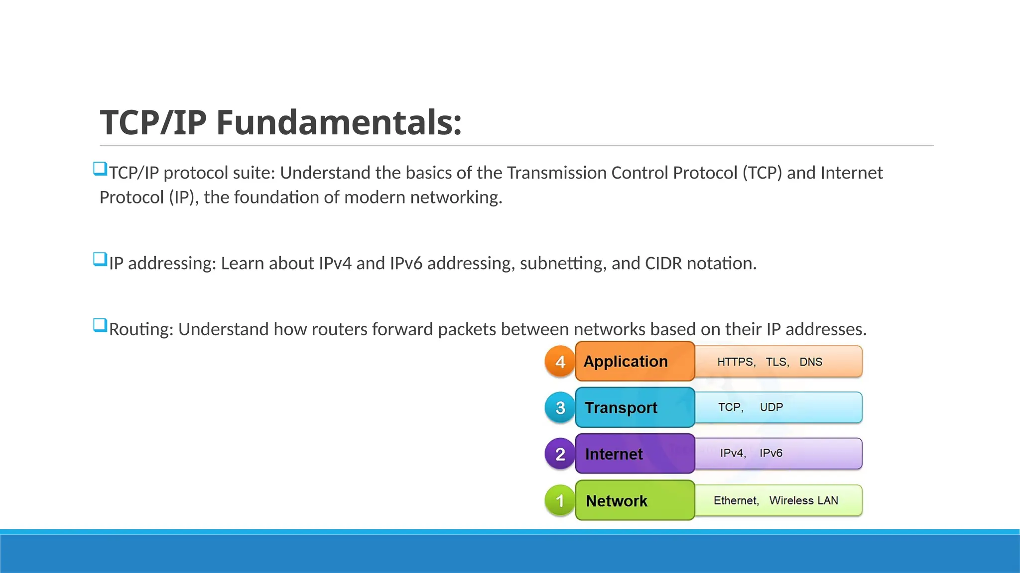 TCP/IP Fundamentals:
TCP/IP protocol suite: Understand the basics of the Transmission Control Protocol (TCP) and Internet
Protocol (IP), the foundation of modern networking.
IP addressing: Learn about IPv4 and IPv6 addressing, subnetting, and CIDR notation.
Routing: Understand how routers forward packets between networks based on their IP addresses.
 