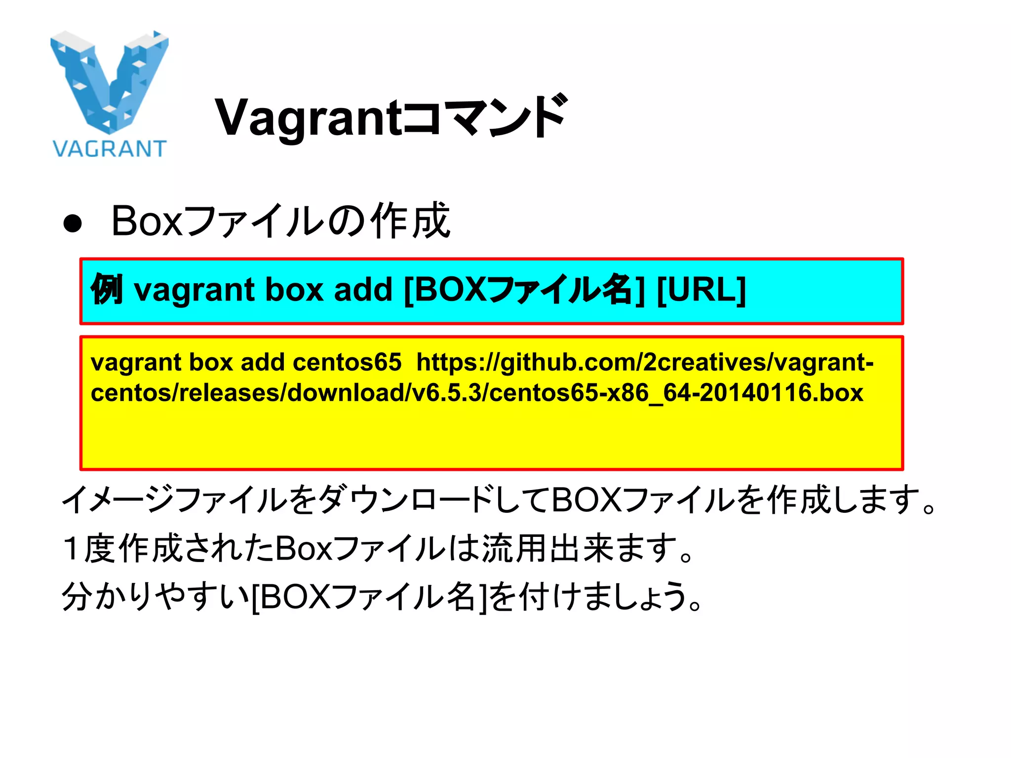 Vagrantコマンド
● Boxファイルの作成
イメージファイルをダウンロードしてBOXファイルを作成します。
１度作成されたBoxファイルは流用出来ます。
分かりやすい[BOXファイル名]を付けましょう。
例 vagrant box add [BOXファイル名] [URL]
vagrant box add centos65 https://github.com/2creatives/vagrant-
centos/releases/download/v6.5.3/centos65-x86_64-20140116.box
 