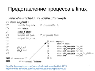 3
Представление процесса в linux
include/linux/sched.h, include/linux/nsproxy.h
http://lxr.free-electrons.com/source/include/linux/sched.h#L1273
http://lxr.free-electrons.com/source/include/linux/nsproxy.h#L29
 