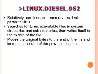 Relatively harmless, non-memory resident parasitic virus . Searches for Linux executable files in system directories and subdirectories, then writes itself to the middle of the file. Moves the original bytes to the end of the file and increases the size of the previous section. 