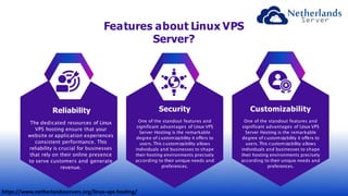 Features about Linux VPS
Server?
Reliability
The dedicated resources of Linux
VPS hosting ensure that your
website or application experiences
consistent performance. This
reliability is crucial for businesses
that rely on their online presence
to serve customers and generate
revenue.
Security
One of the standout features and
significant advantages of Linux VPS
Server Hosting is the remarkable
degree of customizability it offers to
users. This customizability allows
individuals and businesses to shape
their hosting environments precisely
according to their unique needs and
preferences.
Customizability
One of the standout features and
significant advantages of Linux VPS
Server Hosting is the remarkable
degree of customizability it offers to
users. This customizability allows
individuals and businesses to shape
their hosting environments precisely
according to their unique needs and
preferences.
https://www.netherlandsservers.org/linux-vps-hosting/
 