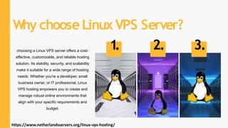 choosing a Linux VPS server offers a cost-
effective, customizable, and reliable hosting
solution. Its stability, security, and scalability
make it suitable for a wide range of hosting
needs. Whether you're a developer, small
business owner, or IT professional, Linux
VPS hosting empowers you to create and
manage robust online environments that
align with your specific requirements and
budget.
1. 2. 3.
Why choose LinuxVPS Server?
https://www.netherlandsservers.org/linux-vps-hosting/
 