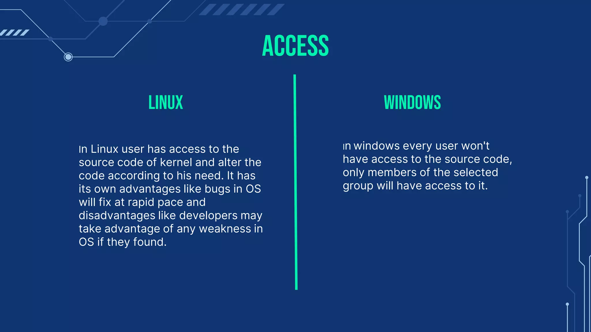 ACCESS
In Linux user has access to the
source code of kernel and alter the
code according to his need. It has
its own advantages like bugs in OS
will fix at rapid pace and
disadvantages like developers may
take advantage of any weakness in
OS if they found.
In windows every user won't
have access to the source code,
only members of the selected
group will have access to it.
LiNux WiNdows
 