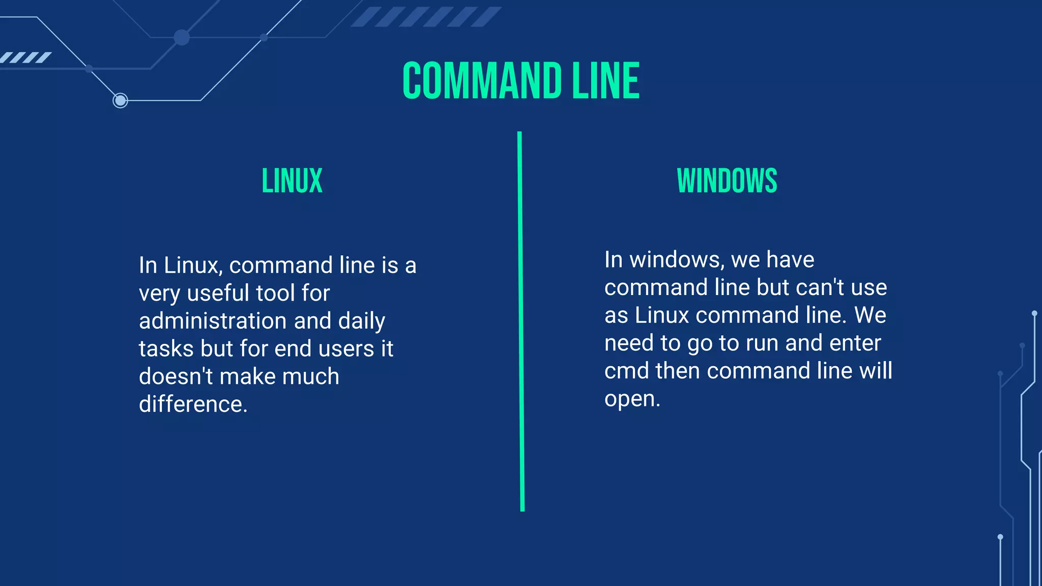 Command Line
In Linux, command line is a
very useful tool for
administration and daily
tasks but for end users it
doesn't make much
difference.
In windows, we have
command line but can't use
as Linux command line. We
need to go to run and enter
cmd then command line will
open.
LiNux WiNdows
 