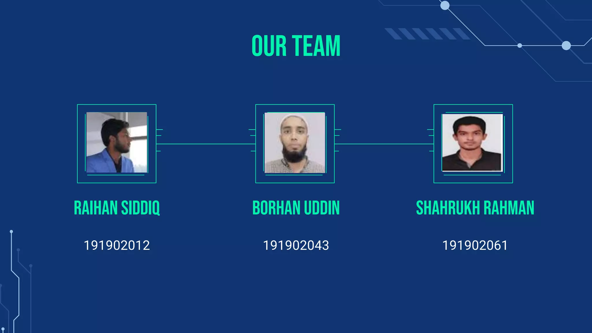 OUR TEAM
191902012
Raihan Siddiq
191902043
Borhan Uddin
191902061
Shahrukh Rahman
 