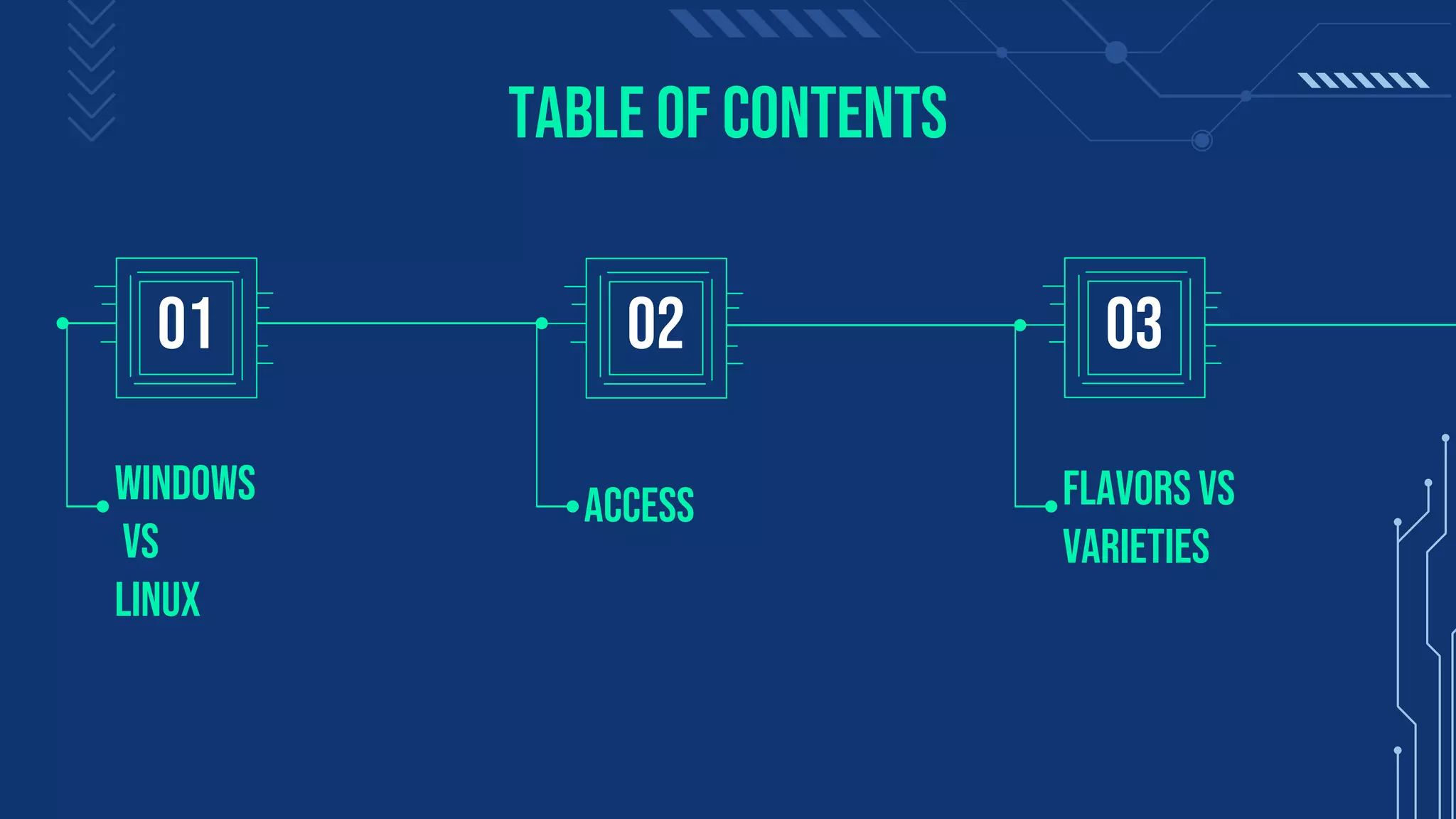 TABLE OF CONTENTS
Flavors vs
Varieties
03
Access
02
Windows
vs
Linux
01
 