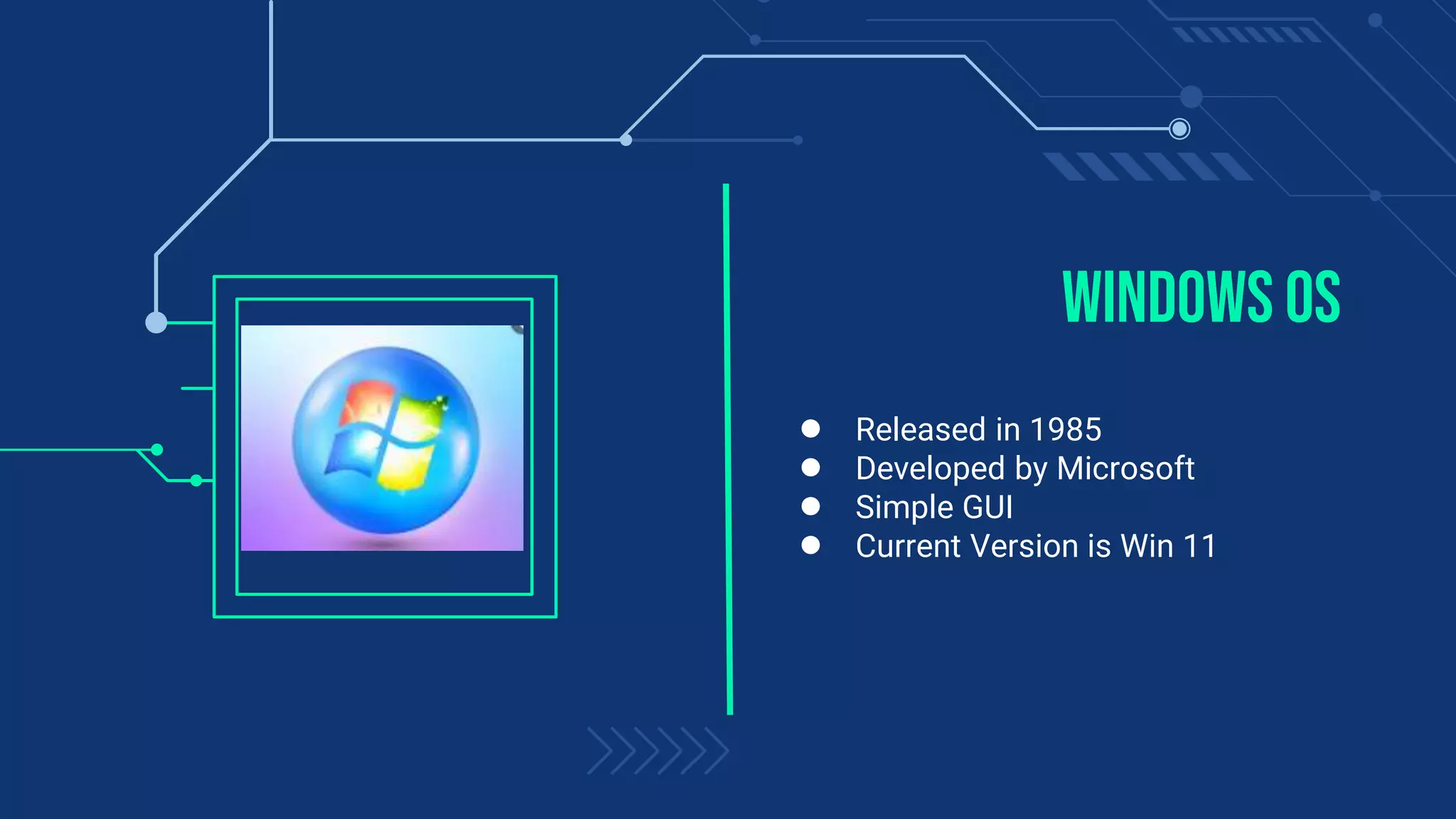 Windows OS
● Released in 1985
● Developed by Microsoft
● Simple GUI
● Current Version is Win 11
 