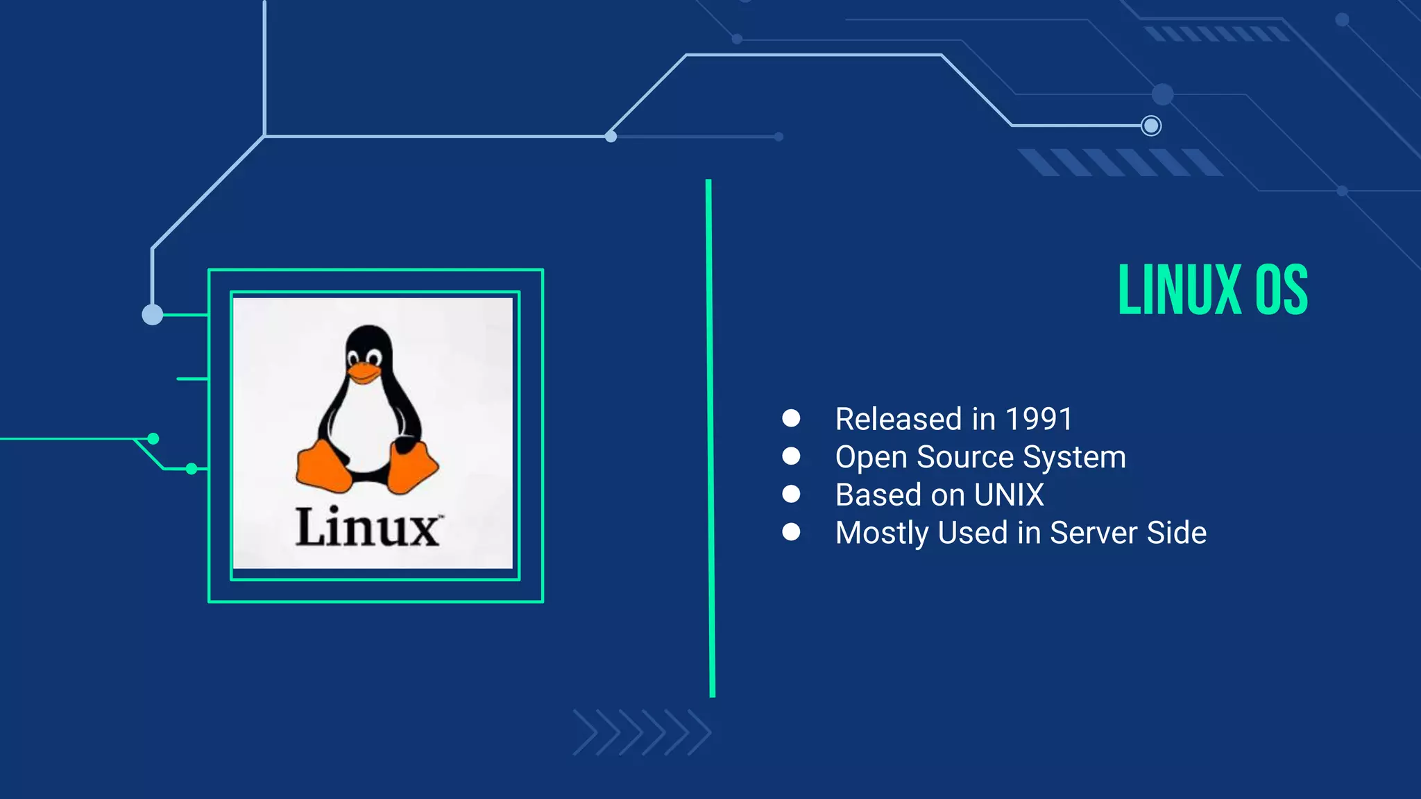 Linux OS
● Released in 1991
● Open Source System
● Based on UNIX
● Mostly Used in Server Side
 