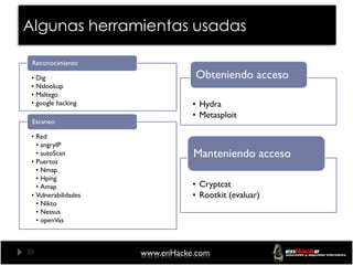 Algunas herramientas usadas

 Reconocimiento

 • Dig                           Obteniendo acceso
 • Nslookup
 • Maltego
 • google hacking                • Hydra
                                 • Metasploit
 Escaneo

 • Red
   • angryIP
   • autoScan                    Manteniendo acceso
 • Puertos
   • Nmap
   • Hping
   • Amap                        • Cryptcat
 • Vulnerabilidades              • Rootkit (evaluar)
   • Nikto
   • Nessus
   • openVas



25                    www.enHacke.com
 