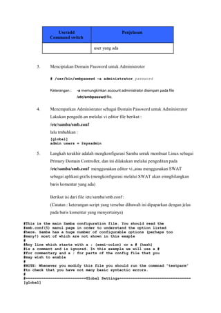 Useradd                               Penjelasan
           Command switch

                                    user yang ada



     3.    Menciptakan Domain Password untuk Administrotor

           # /usr/bin/smbpasswd -a administrator password


           Keterangan :   -a memungkinkan account administrator disimpan pada file
                          /etc/smbpasswd file.


     4.    Menempatkan Administrator sebagai Domain Password untuk Administrator
           Lakukan pengedit-an melalui vi editor file berikut :
           /etc/samba/smb.conf
           lalu tmbahkan :
           [global]
           admin users = @sysadmin

     5.    Langkah terakhir adalah mengkonfigurasi Samba untuk membuat Linux sebagai
           Primary Domain Controller, dan ini dilakukan melalui pengeditan pada
           /etc/samba/smb.conf menggunakan editor vi ,atau menggunakan SWAT
           sebagai aplikasi grafis (mengkonfigurasi melalui SWAT akan emnghilangkan
           baris komentar yang ada)

           Berikut isi dari file /etc/samba/smb.conf :
           (Catatan : keterangan script yang tersebar dibawah ini dipaparkan dengan jelas
           pada baris komentar yang menyertainya)

#This is the main Samba configuration file. You should read the
#smb.conf(5) manul page in order to understand the option listed
#here. Samba has a huge number of configurable options (perhaps too
#many!) most of which are not shown in this exaple
#
#Any line which starts with a ; (semi-colon) or a # (hash)
#is a comment and is ignored. In this example we will use a #
#for commentary and a ; for parts of the config file that you
#may wish to enable
#
#NOTE: Whenever you modify this file you should run the commnad “testparm”
#to check that you have not many basic syntactic errors.
#
#===========================Global Settings================================
[global]
 