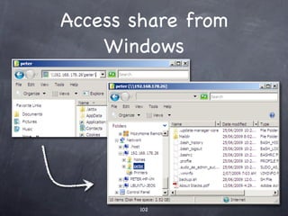 NFS
  Allows for server ﬁles and directories to be
  available to remote clients as if they were local.

                        Install it:



Set directories to be
      exported here:
 