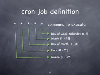 ufw
    “the friendly way to create a ﬁrewall”
    ufw: Ucomplicated ﬁrewall

                          Install ufw:



Enable ufw and restart
the server to take effect:


You will not be able to
restore the SSH
connection until you                           or
conﬁgure ufw to allow
SSH trafﬁc:
 