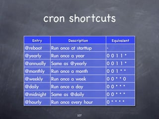 ufw, examples of rules
                   Delete a rule:

Allow access from a host to port
22 of any IP address on this host:

           Allow all HTTP trafﬁc:




   Use --dry-run to show the rule
     corresponding to a directive:
 