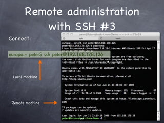 Install a guest #1
           Can your hardware support KVM?
Inspect the cpuinfo
         virtual ﬁle:

                        No output means no KVM support. Try checking
                        virtualization settings in the BIOS.

          If there is support, install the required packages:

   Use the apt-get
 package manager:

                        • libvirt-bin provides libvirtd which you need to administer qemu and kvm instances
                          using libvirt
                        • kvm is the backend
                        • ubuntu-vm-builder powerful command line tool for building virtual machines
                        • bridge-utils provides a bridge from your network to the virtual machines
 