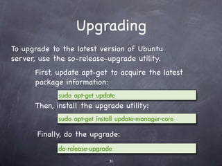 Setup the virtual
network #2
  3. Edit /etc/network/
  interfaces and add
  the br0 section:

         Content of /etc/
               network/




  You may use DHCP
  instead of ﬁxed values.
 