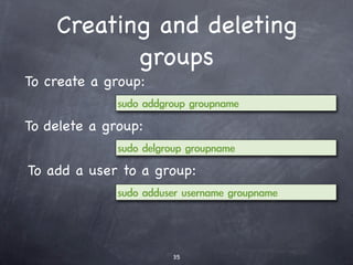 Remote administration
   with SSH #2
Install the sshd component:


Install the client component:
          Some OS’s, like Mac OS X, come with an SSH client build-in. In
          Windows, use Putty.
 