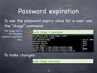 Remote administration
      with SSH #5
Take the contents of the ﬁle in ~/.ssh/id_dsa.pub on
the client, and paste it in the ﬁle ~/.ssh/
authorized_keys on the server. If the target ﬁle does
not exist, create it. This is how authorized_keys may
look like:
 