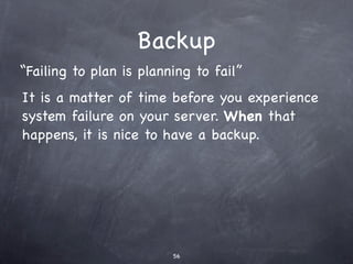 Ext4
❖Adds 64-bit storage limits.
❖Volumes up to 1 exabyte. Files up to 16 terabytes.
❖Improved large ﬁle performance and reduced
fragmentation.
❖Backwards compatible with ext2 and 3.
❖Journal cheksumming (not present in ext3).
❖Online defragmentation.
❖Timestamps in nanoseconds.
 