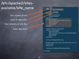 Automating with cron
 Cron is used to schedule the execution of scripts. We
 will look at it in more detail later.


To enter the cron job editor


To run the backup script every    # m h dom mon dow command
  day of every month of every     0 0 * * * bash /usr/local/bin/backup.sh
              year, at midnight
 