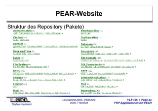 16.11.05 / Page 23
PHP-Applikationen mit PEAR
Stefan Neufeind
LinuxWorld 2005, Infobühne
2005, Frankfurt
PEAR-Website
Struktur des Repository (Pakete)
 