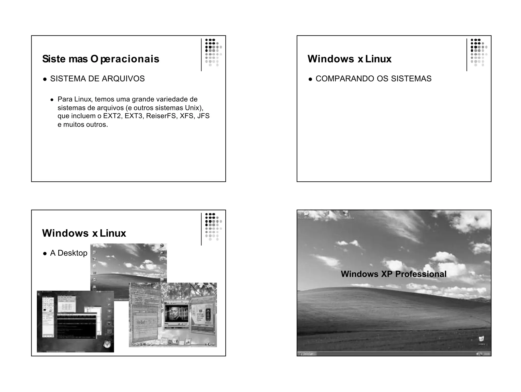 Siste mas O peracionais                                  Windows x Linux
l   SISTEMA DE ARQUIVOS                                  l   COMPARANDO OS SISTEMAS

    l   Para Linux, temos uma grande variedade de
        sistemas de arquivos (e outros sistemas Unix),
        que incluem o EXT2, EXT3, ReiserFS, XFS, JFS
        e muitos outros.




Windows x Linux
l   A Desktop

                                                                 Windows XP Professional
 