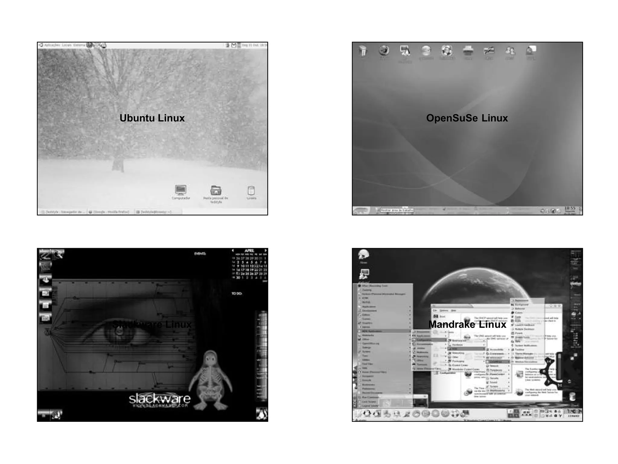 Ubuntu Linux     OpenSuSe Linux




Slackware Linux   Mandrake Linux
 