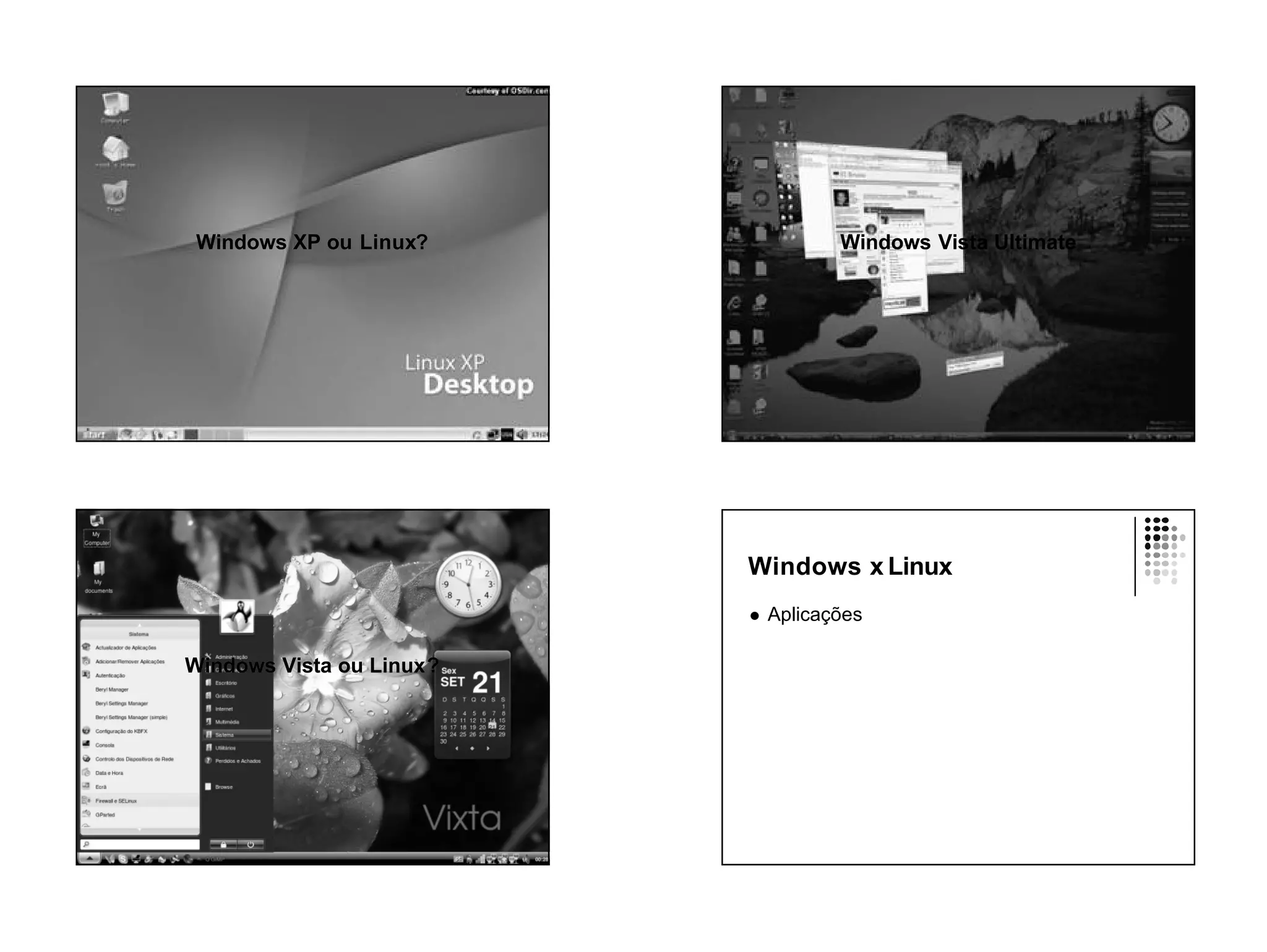 Windows XP ou Linux?
               Linux?                 Windows Vi
                                              Vista Ultimate




                           Windows x Linux
                           l   Aplicações

Windows Vista ou Linux ?
                 Linux?
 