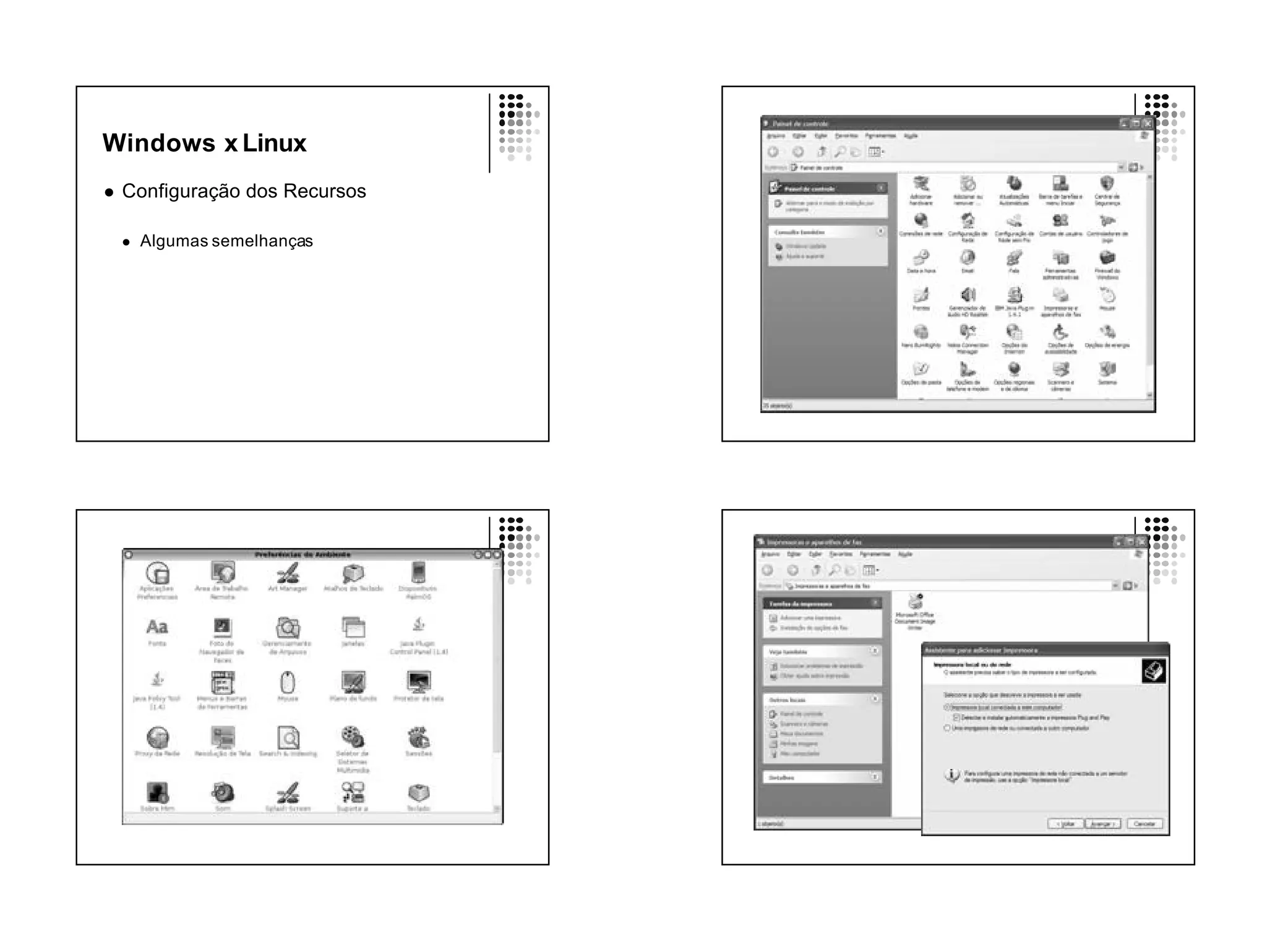 Windows x Linux
l   Configuração dos Recursos

    l   Algumas semelhanças
 