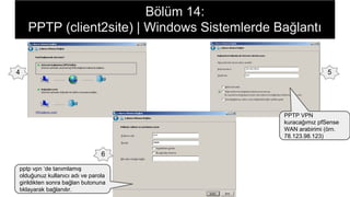 Bölüm 14:
PPTP (client2site) | Windows Sistemlerde Bağlantı
4 5
PPTP VPN
kuracağımız pfSense
WAN arabirimi (örn.
78.123.98.123)
6
pptp vpn ‘de tanımlamış
olduğunuz kullanıcı adı ve parola
girildikten sonra bağlan butonuna
tıklayarak bağlanılır.
 