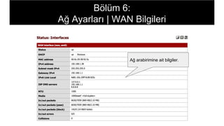 Ağ arabirimine ait bilgiler.
Bölüm 6:
Ağ Ayarları | WAN Bilgileri
 
