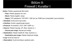Action: Pakete uygulanacak filtre kriteri.
○ Pass: Paketin geçişine izin verir.
○ Block: Paketi engeller. (drop)
○ Reject: TCP paketlerine "TCP RST", UDP için ise "ICMP port unreachable" yanıtı döndürür.
● Disabled: Kuralı devre dışı bırakır.
● Interface: Kuralın uygulanacağı arayüz.
● Protocol: IP protokolü. (TCP, UDP, ICMP vs.)
● Source: Paketin kaynağı. (IP, Alias, Subnet vs. )
○ Source port range: Kaynak port aralığı.
● Destination: Paketin hedefi (IP, Alias, Subnet vs. )
○ Destination port range: Paketin hedef port aralığı.
● Log: Kural için kayıt tut.
● Description: Kuralı tanımlayıcı açıklama satırı.
Bölüm 9:
Firewall | Kurallar I
 