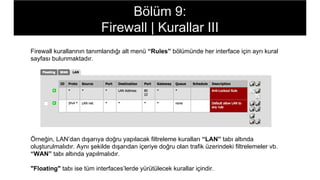 Firewall kurallarının tanımlandığı alt menü “Rules” bölümünde her interface için ayrı kural
sayfası bulunmaktadır.
Örneğin, LAN’dan dışarıya doğru yapılacak filtreleme kuralları “LAN” tabı altında
oluşturulmalıdır. Aynı şekilde dışarıdan içeriye doğru olan trafik üzerindeki filtrelemeler vb.
“WAN” tabı altında yapılmalıdır.
"Floating" tabı ise tüm interfaces’lerde yürütülecek kurallar içindir.
Bölüm 9:
Firewall | Kurallar III
 