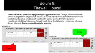 Firewall kuralları yukarıdan aşağıya doğru uygulanmaktadır. Örneğin, birisinin internete
çıkmasını engellemek istiyorsunuz, onu en üst kurala aldınız ondan sonra herkes için bir izin
kural oluşturdunuz ve onuda yasak kuralının bir üstüne aldınız. Böyle bir durumda
yasaklamak istediğiniz kullanıcının firewall kuralı devre dışı kalacaktır ve internete çıkmaya
devam edecektir. Bunu aşağıdaki resimler açıklıyor.
Yanlış!
Doğru
Bölüm 9:
Firewall | İpucu!
 