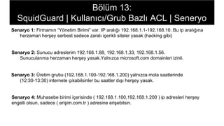 Bölüm 13:
SquidGuard | Kullanıcı/Grub Bazlı ACL | Seneryo
Senaryo 1: Firmamın “Yönetim Birimi” var. IP aralığı 192.168.1.1-192.168.10. Bu ip aralığına
herzaman herşey serbest sadece zaralı içerikli siteler yasak (hacking gibi)
Senaryo 2: Sunucu adreslerim 192.168.1.88, 192.168.1.33, 192.168.1.56.
Sunucularıma herzaman herşey yasak.Yalnızca microsoft.com domainleri izinli.
Senaryo 3: Üretim grubu (192.168.1.100-192.168.1.200) yalnızca mola saatlerinde
(12:30-13:30) internete çıkabilsinler bu saatler dışı herşey yasak.
Senaryo 4: Muhasebe birimi içerisinde ( 192.168.1.100,192.168.1.200 ) ip adresleri herşey
engelli olsun, sadece ( erişim.com.tr ) adresine erişebilsin.
 