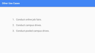 Other Use Cases
1. Conduct online job fairs.
2. Conduct campus drives.
3. Conduct pooled campus drives.
 