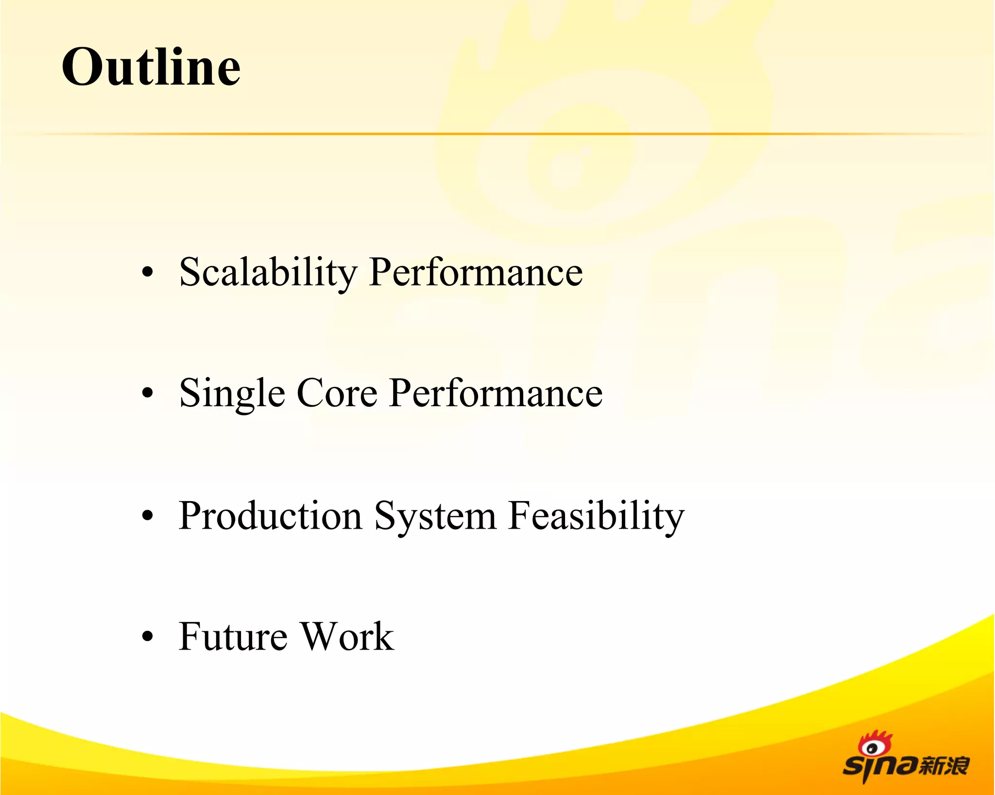 Outline 
• Scalability Performance 
• Single Core Performance 
• Production System Feasibility 
• Future Work 
 