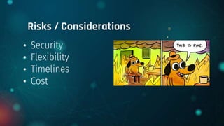 • Security
• Flexibility
• Timelines
• Cost
Risks / Considerations
 