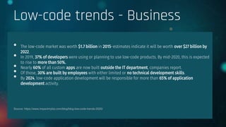 Low-code trends - Business
• The low-code market was worth $1.7 billion in 2015–estimates indicate it will be worth over $27 billion by
2022.
• In 2019, 37% of developers were using or planning to use low-code products. By mid-2020, this is expected
to rise to more than 50%.
• Nearly 60% of all custom apps are now built outside the IT department, companies report.
• Of those, 30% are built by employees with either limited or no technical development skills.
• By 2024, low-code application development will be responsible for more than 65% of application
development activity.
Source: https://www.impactmybiz.com/blog/blog-low-code-trends-2020/
 