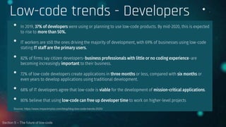 Low-code trends - Developers • .
• In 2019, 37% of developers were using or planning to use low-code products. By mid-2020, this is expected
to rise to more than 50%.
• IT workers are still the ones driving the majority of development, with 69% of businesses using low-code
stating IT staff are the primary users.
• 82% of firms say citizen developers–business professionals with little or no coding experience–are
becoming increasingly important to their business.
• 72% of low-code developers create applications in three months or less, compared with six months or
even years to develop applications using traditional development.
• 68% of IT developers agree that low-code is viable for the development of mission-critical applications.
• 80% believe that using low-code can free up developer time to work on higher-level projects
Source: https://www.impactmybiz.com/blog/blog-low-code-trends-2020/
Section 5 – The future of low-code
 