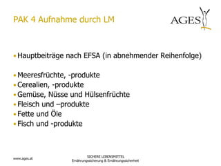 PAK 4 Aufnahme durch LM



• Hauptbeiträge nach EFSA (in abnehmender Reihenfolge)

• Meeresfrüchte, -produkte
• Cerealien, -produkte
• Gemüse, Nüsse und Hülsenfrüchte
• Fleisch und –produkte
• Fette und Öle
• Fisch und -produkte



                         SICHERE LEBENSMITTEL
www.ages.at
                Ernährungssicherung & Ernährungssicherheit
 