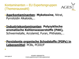 Kontaminanten – EU Expertengruppen
(Themenauswahl)
• Agarkontaminanten: Mykotoxine, Nitrat,
    Pyrrolizidin Alkaloide,…

• Industriekontaminanten: Polyzyklische
    aromatische Kohlenwasserstoffe (PAK),
    Schwermetalle, Acrylamid, Furan, Phthalate,…

• Persistente organische Schadstoffe (POPs) in
    Lebensmittel: PCBs, PCDD/F
•

                             SICHERE LEBENSMITTEL
www.ages.at
                    Ernährungssicherung & Ernährungssicherheit
 