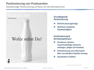 Positionierung von Produzenten
Glaubwürdige Positionierung auf Basis von Kernkompetenzen
Keynote Zukunftskonferenz Börsenverein, 13.09.2013 © 2013 Dr. Carsten Linz
Grundlegende
Positionierung
 Klarheit (teuer/günstig)
 Wahrheit, Exaktheit,
Glaubwürdigkeit
Positionierung &
Kernkompetenzen
 Strukturen, Muster,
Zusammenhänge erkennen,
aufzeigen, prägen (im Kontext)
 Orchestrierung von Information
über verschiedene Quellen hinweg
 Geschichten erzählen
Quellen: Linz (2013), Brand Eins (2013)
Seite 19
 