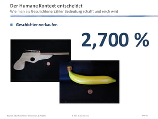 Der Humane Kontext entscheidet
Wie man als Geschichtenerzähler Bedeutung schafft und reich wird
Keynote Zukunftskonferenz Börsenverein, 13.09.2013 © 2013 Dr. Carsten Linz
2,700 %
 Geschichten verkaufen
Seite 21
 