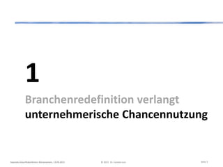 1
Branchenredefinition verlangt
unternehmerische Chancennutzung
Seite 3Keynote Zukunftskonferenz Börsenverein, 13.09.2013 © 2013 Dr. Carsten Linz
 