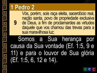 1 Pedro 2
9
Vós, porém, sois raça eleita, sacerdócio real,
nação santa, povo de propriedade exclusiva
de Deus, a fim de proclamardes as virtudes
daquele que vos chamou das trevas para a
suamaravilhosaluz;
Somos a Sua herança por
causa da Sua vontade (Ef. 1:5, 9 e
11) e para o louvor de Sua glória
(Ef. 1:5, 6, 12 e 14).
 