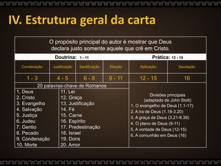 O propósito principal do autor é mostrar que Deus
declara justo somente aquele que crê em Cristo.
Doutrina: 1 - 11 Prática: 12 - 16
Condenação Justificação Santificação Eleição Aplicação Saudação
1 - 3 4 - 5 6 - 8 9 - 11 12 - 15 16
20 palavras-chave de Romanos
Divisões principais
(adaptado de John Stott)
1. O evangelho de Deus (1.1-17)
2. A ira de Deus (1.18-3.20)
3. A graça de Deus (3.21-8.39)
4. O plano de Deus (9-11)
5. A vontade de Deus (12-15)
6. A comunhão em Deus (16)
1. Deus
2. Cristo
3. Evangelho
4. Salvação
5. Justiça
6. Judeu
7. Gentio
8. Pecado
9. Condenação
10. Morte
11. Lei
12. Graça
13. Justificação
14. Fé
15. Carne
16. Espírito
17. Predestinação
18. Israel
19. Dons
20. Amor
IV. Estrutura geral da carta
 