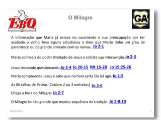 O Milagre
18/03/2022 7
A informação que Maria já estava no casamento e sua preocupação por ter
acabado o vinho, leva alguns estudiosos a dizer que Maria tinha um grau de
parentesco ou de grande amizade com os noivos. Jo 2-1
Maria conhecia do poder ilimitado de Jesus e solicita sua intervenção.Jo 2-3
Jesus responde questionando.Jo 2-4 Jo 20-15 Mt 15-28 Jo 19:25-26
Maria compreende Jesus e sabe que na hora certa Ele irá agir. Jo 2-5
As 06 talhas de Pedras (Cabiam 2 ou 3 metretas) Jo 2-6
Chega a hora do Milagre. Jo 2-7
O Milagre foi tão grande que mudou sequência da tradição. Jo 2-8:10
 